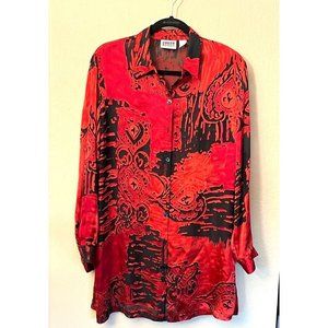 Chico's Design Sz 1 Red Black Floral Silk Top button Front Long Sleeve Split Hem